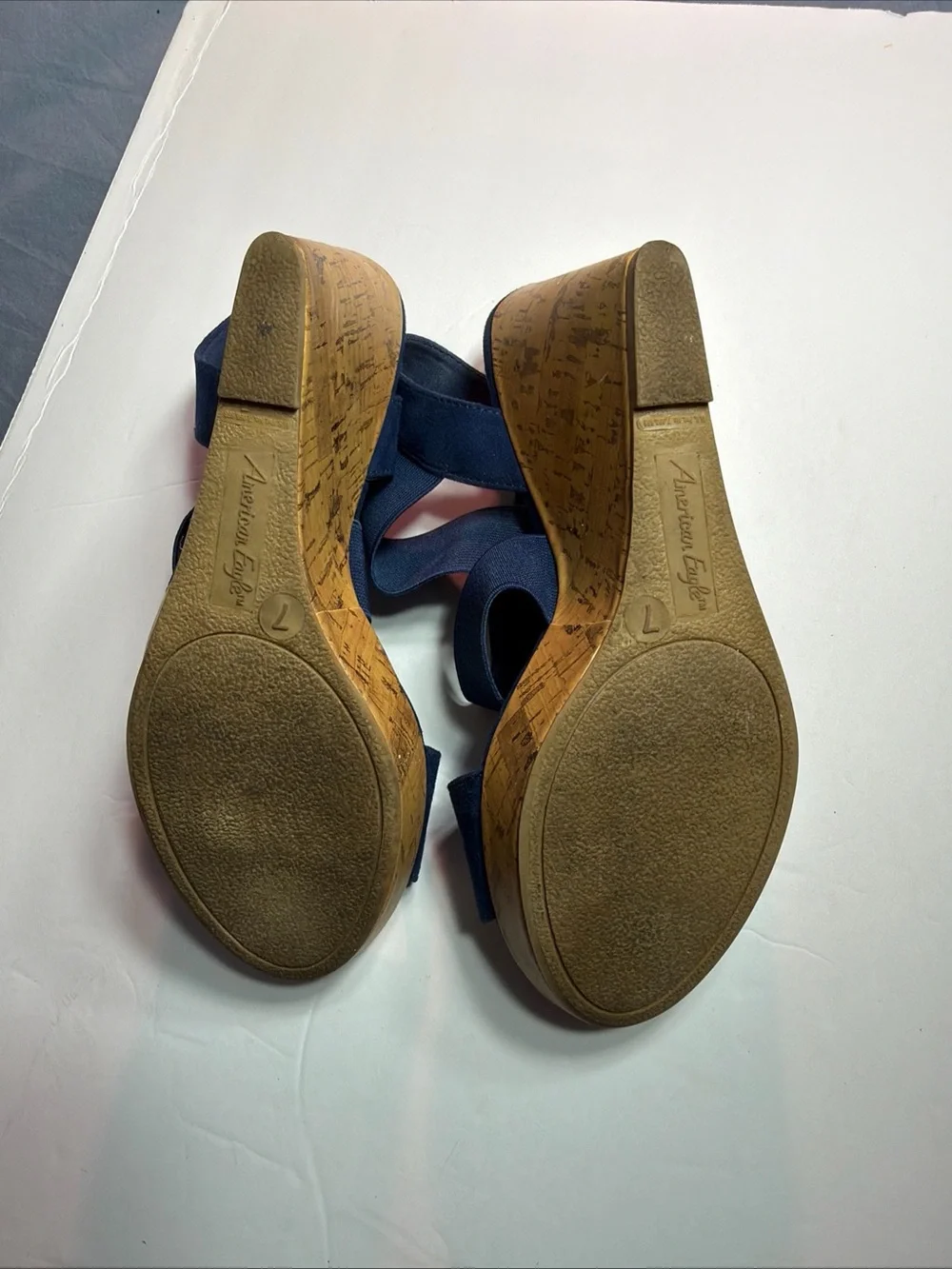 American Eagle Outfitters Navy Wedge Sandals with Elastic Crossover Straps